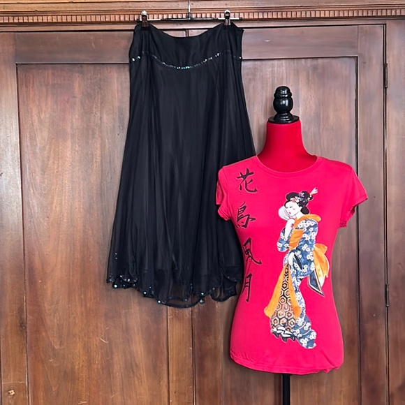 Zara Red Geisha Exotic Tee S/M - Picture 2 of 9